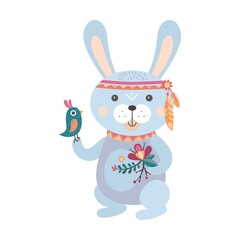 Cartoon boho agile hare. Wildlife forest characters, deer, fox, owl, raccoon, decorated with red Indians tribal accessories, feathers and plants