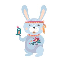 Fototapeta premium Cartoon boho agile hare. Wildlife forest characters, deer, fox, owl, raccoon, decorated with red Indians tribal accessories, feathers and plants