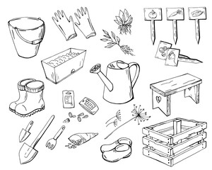 Black and white sketch set with garden tool, watering can, boots, shovels. Monochrome collection contour line art elements object isolated on white background. Gardening tools. Vector illustration.