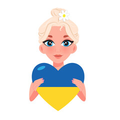 Pray for peace Ukraine, support Ukraine, Love Ukraine, heart emblem national flag colored. Woman holding a heart in the colors of the flag of ukraine. Vector illustration on white background. No war.