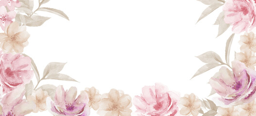 Obraz na płótnie Canvas Aesthetic Pink Flower Background. Floral Watercolor Frame on white.