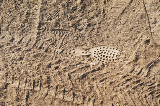 A layer of dry road dust with traces of car tires and shoe soles. Close up.