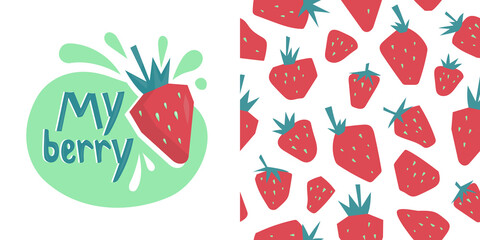 Summer fruits and berries. Strawberry. Seamless pattern from strawberries. Strawberry print and lettering. Vector image.