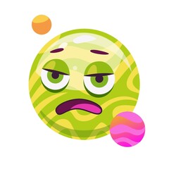 Funny planet with satellite vector cartoon illustration. Fantasy planet characters with eyes and mouths isolated on purple background. Kids astronomy