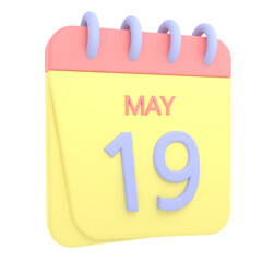 19th May 3D calendar icon. Web style. High resolution image. White background