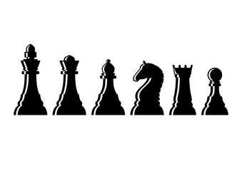 Black chess pieces icon set vector illustration. Black shiny chess piece in a row icons isolated on a white background