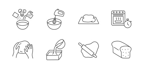 Dough doodle illustration including icons - bowl, oven, mix, ingredients, egg, rolling pin, bread, timer. Thin line art about baking. Editable Stroke