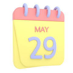 29th May 3D calendar icon. Web style. High resolution image. White background