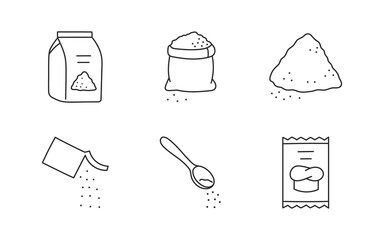 Flour doodle illustration including icons - sack, sugar, sachet, yeast powder, teaspoon. Thin line art about baking ingredients. Editable Stroke