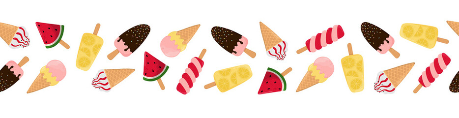 Ice cream seamless border. Various types of ice cream. Vector illustration