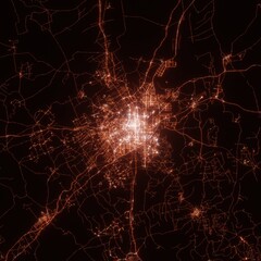 Changchun city lights map, top view from space. Aerial view on night street lights. Global networking, cyberspace