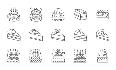 Cake doodle illustration including icons - pie, slice, bakery, sweets, easter, piece, fruits. Thin line art about dessert products. Editable Stroke