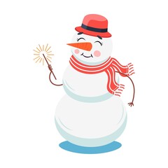 Happy snowmen in hats and scarves, gift box, New Year or Christmas decoration. Cute snowman cartoon character vector illustration