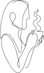 The girl is standing with a hot mug of coffee. Steam. One line vector illustration.