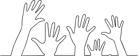 Fototapeta premium People with their hands up. Vector image with one line.