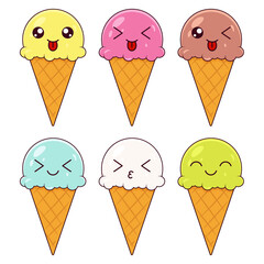 Cute ice cream emoji. Set of cute сolored ice cream cone on white background 