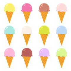 Colored ice cream cone set on white background