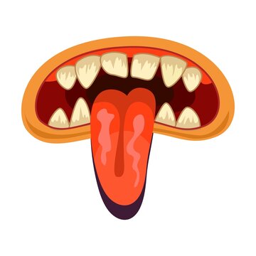Monster orange mouth illustration in cartoon style. Cute creature mouth with tongue and teeth and dripping saliva. Halloween caricature monster