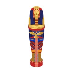 Royal sarcophagus. Golden symbols of ancient Egypt vector illustration. Cartoon Sphynx, Nefertiti, pharaoh statue, monuments, sarcophagus isolated on white - obrazy, fototapety, plakaty