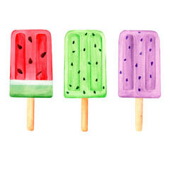 set of colorful ice cream on a stick watercolor illustration off white background hand drawn
