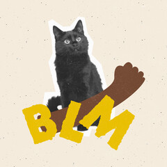 Contemporary art collage. Conceptual image with black cat claiming at importance of support different cultures. No racism