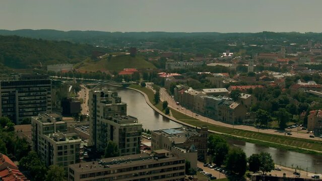 GLORY TO UKRAINE - SLAVA UKRAINI slogan on the riverbank of the river Neris in Vilnius, Lithuania. Aerial view