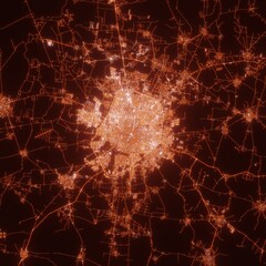 Merida city lights map, top view from space. Aerial view on night street lights. Global networking, cyberspace
