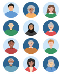 Diversity people icons. Happy person round avatars. Faces of different young and senior man and woman. People portraits set. Vector illustration in flat style. 