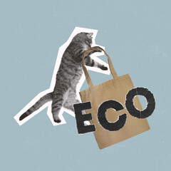 Contemporary art collage. Conceptual image with cat carrying eco shopping bag. Save environment...