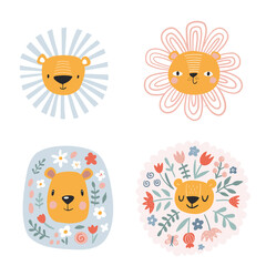 Cute lions with floral. Modern vector illustration
