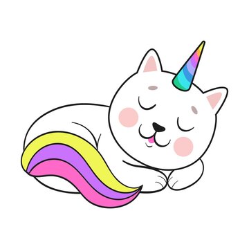 Funny rainbow unicorn cat. Cute cartoon kitty eating ice cream, strawberry, cupcake, playing with magic stick or sleeping. Flat vector illustration