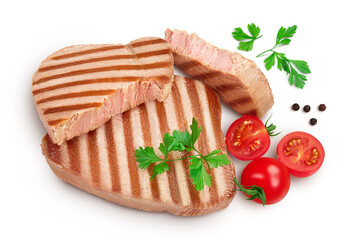 Tuna fish steak grilled isolated on white background with full depth of field, Top view. Flat lay