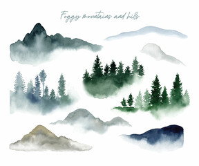 Foggy watercolor mountains, hills and trees isolated elements 