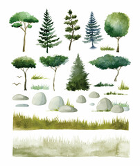 Watercolor nature elements, coniferous and deciduous trees, rocks and grass