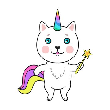 Rainbow cat. Cute cartoon kitty eating ice cream, strawberry, cupcake, playing with magic stick or sleeping. Flat vector illustration