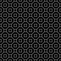 Repeated white figures and lines on black background. Geometric wallpaper. Seamless surface pattern design with regular octagons and squares. Tiles motif. Digital paper for textile print. Vector art.