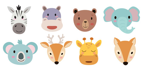 Set of cute cartoon animal heads