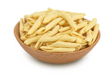 Typical Calabrian pasta called Maccheroncini or Maccheroni in wooden bowl isolated on white background with full depth of field.