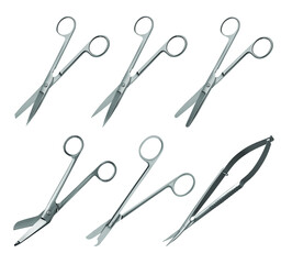 Set of surgical articulated scissors with various blade shapes and different purposes. Vector illustration