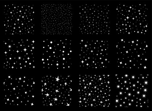 Random stars seamless patterns set. Starry sky vector wallpaper.