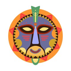 Round mask flat icon. Traditional, ceremonial, indigenous and ethnic face masks vector illustration. Aboriginal totem and carnival