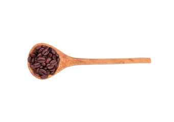 roasted coffee beans in a wooden spoon, aromatic, fresh, delicious, isolated on white background