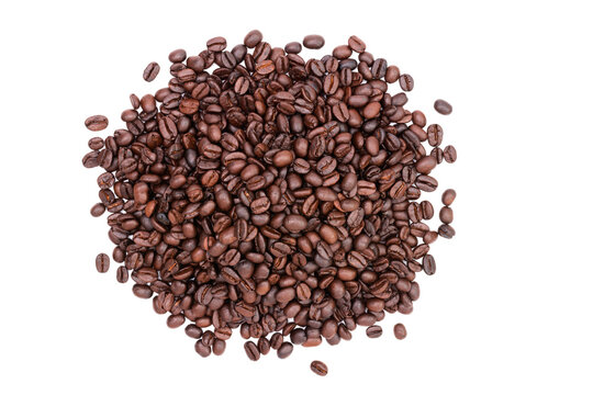 heap of roasted coffee beans, aromatic, fresh, delicious, isolated on white background