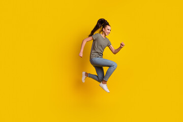 Fototapeta na wymiar Full length body size photo of jumping high female student overjoyed isolated on bright shine color background