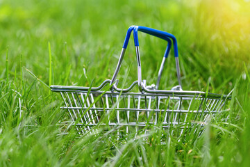 Empty small shopping cart on green grass in summer. Shopping basket. World crisis. Internet sales concept: add to basket