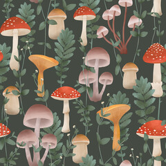 Botanical seamless pattern. Hand drawn graphic print with mushrooms and plants