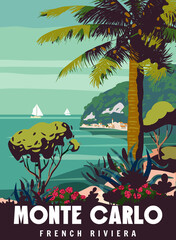 Fototapeta na wymiar French Riviera Monte Carlo Retro Poster. Tropical coast scenic view, palm, Mediterranean marine