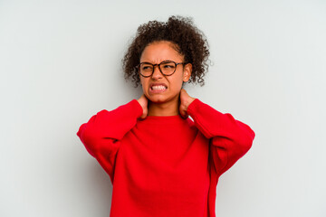 Young Brazilian woman isolated on blue background suffering neck pain due to sedentary lifestyle.