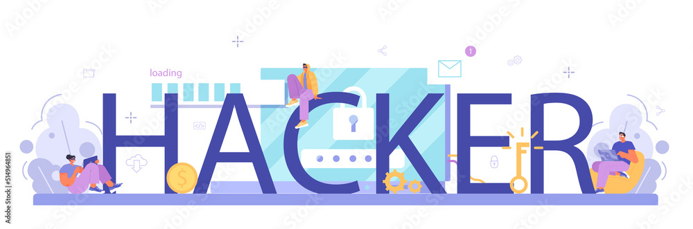 Poster hacker typographic header. cyber attack, thief stealing personal data