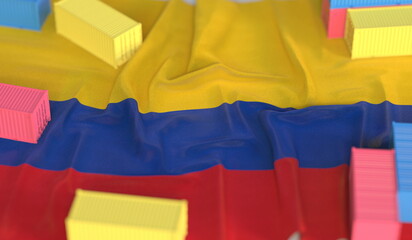 Cargo containers and flag of Colombia, production or cargo delivery related 3D rendering
